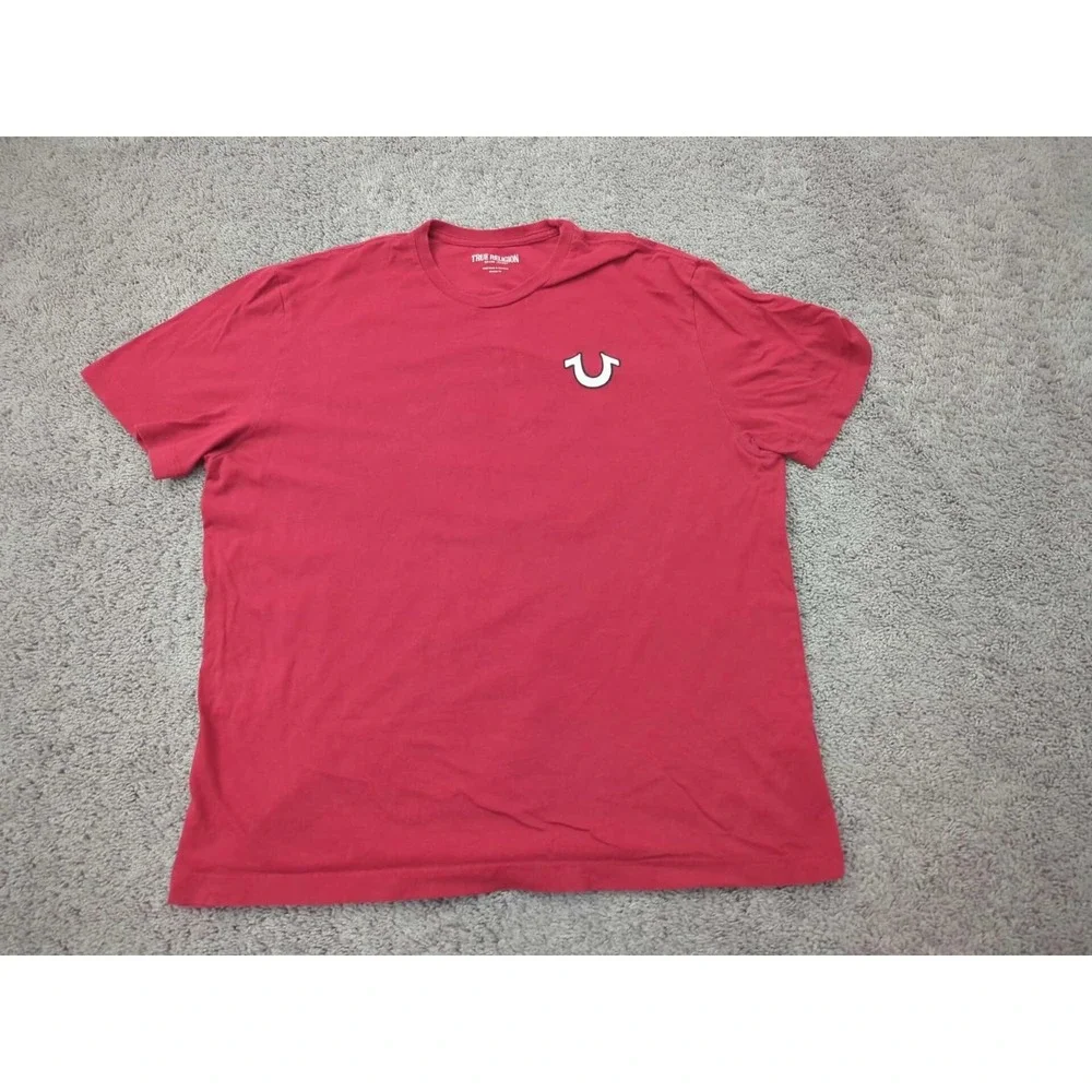 True Religion T Shirt Mens L Red Short Sleeve Buddha Guitar Back Print Relaxed
